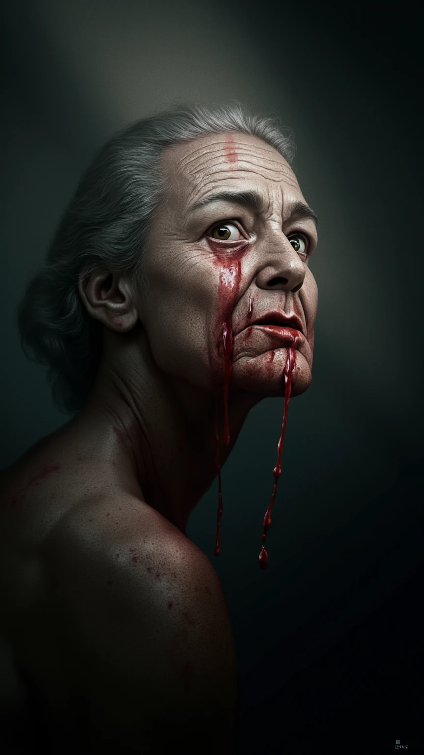 An old woman in a red dress，There is blood in the mouth，hair messy，The expression is terrifying