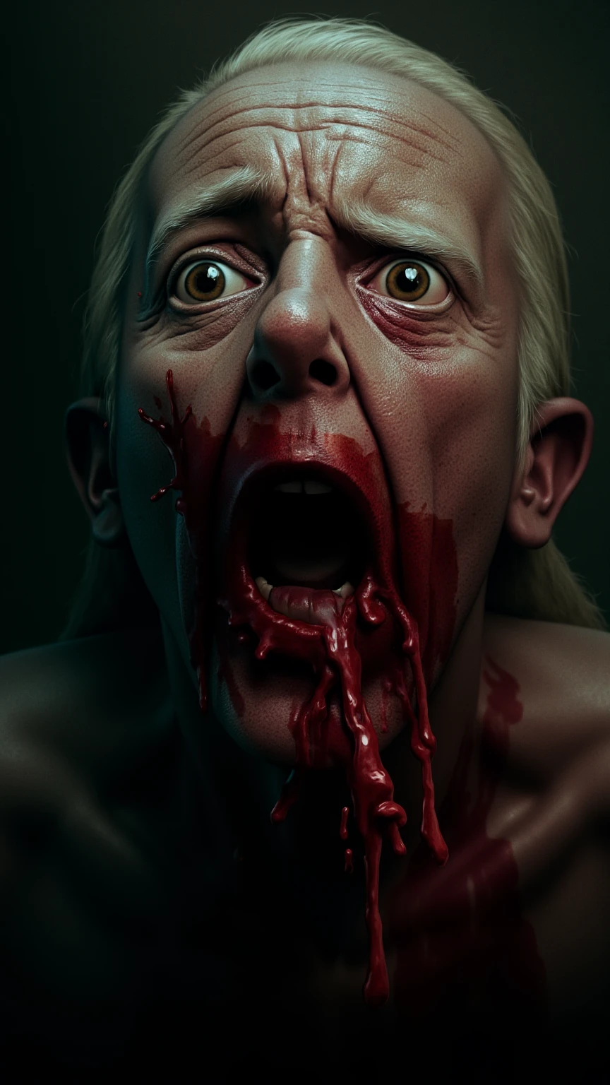 tête de femme blonde cheveux court décapitée sur une assiette, couvert de chair, , ((eyes closed)), servi comme un plat de nourriture, sanglant, Photorealistic, 4K, Nikon, horror