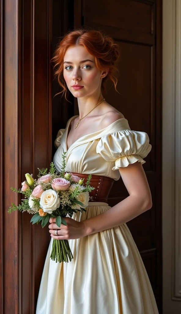 Create an image that captures the essence of classical art and award-winning painting, drawing inspiration from Monet oil paintings. Visualize a enchanting oil painting of beautiful red hair female wearing white lace wedding dress in a Chapel. Her skin should be meticulously detailed, with eyes that glow with life, and a facial structure that fits the golden ratio of attractiveness, including clear double eyelids. | She is moving with a dynamic and bold grace. The setting is a Chapel with an indoor garden, with her poised under the warm light of sunlight, casting striking shadows around her. Capture her from a low angle to reveal her whole body in a dynamic pose, adding to the intensity of the scene. She looks dreamy, her expression both engaging and ethereal. | Rendered in ultra-high detail and quality, this masterpiece ensures anatomical correctness and textured skin with super detail. With a focus on high quality and accuracy, this award-winning portrayal captures every nuance in stunning 16k resolution, immersing viewers in its lifelike depiction. | ((beautiful red hair female):1.1), ((white lace wedding dress):1.1), ((in a Chapel):1.1), ((indoor garden):1.1). | (((anatomical correctness))), (((perfect_fingers))), (((perfect_legs))), (((perfect_hands))), ((perfect_composition, perfect_design, perfect_layout, perfect_detail, ultra_detailed)), ((enhance_all, fix_everything)), More Detail, Enhance.