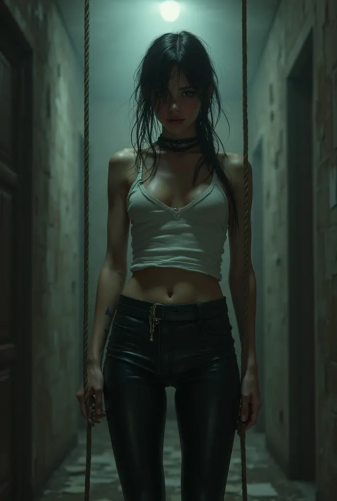 Indie game realistic Photo,(woman in stocks pose,full body with cuffs, wearing a cargo pants and tank top, low neckline, photo in a Dungeon of Dasha TAran, Vivid colors, trending on CGSociety, Intricate, high Detail, dramatic lighting, on a beautiful, deserted dungeon, (sculptural body) 8k, ((10mm wide angle lens)), super realistic, by Lee Jeffries Nikon D850 film Stock Photography 4 Kodak Portra 400 camera F1.6 Lens Rich Colors Hyper Realistic Texture Dramatic Lighting Trend Unrealengine on ArtStation Cinestill 800,