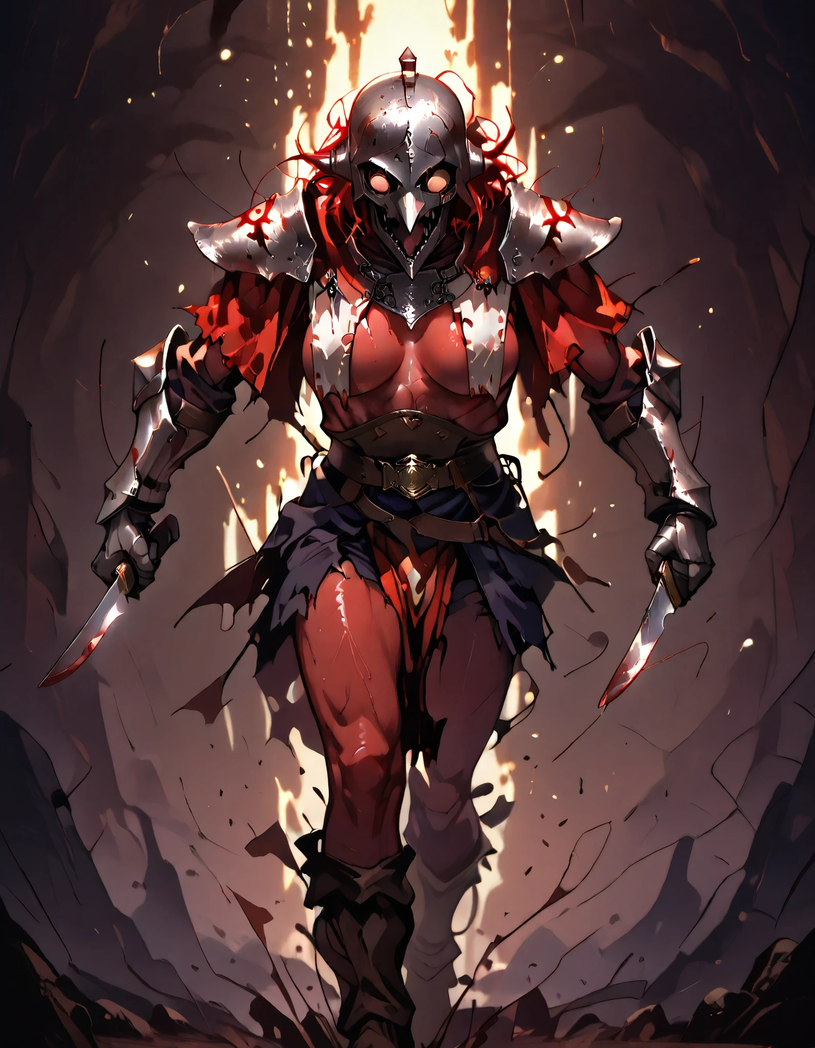 90's Anime, Dark Horror, Quality_masterpiece, Absurd res, score_9, score_8_up, (masterpiece), ultra high quality, ultra detailed, expressive eyes, red skin goblin girl, Magma Genasi skin, walking in a mountain pathway, short in size, small, big eyes, crazy eyes, serrated teeth, wicked, dark, mad goblin, iron beak helmet, gauntlets, shoulder armor, bonefire, tribal dance, breast curtains, waist curtain, buckle belt, ((perky breasts)), shredded traps, creepy, horrifying, ((dynamic pose)), jumping, sprinting, holding knife, darkness, volumetric lighting, dramatic lighting, bokeh, depth of field, detailed background,