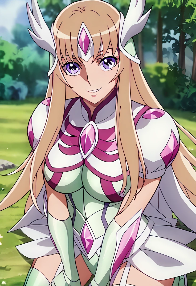 ((Highest quality)), ((masterpiece)), (detailed), (Perfect Face)、The woman is Tearju, a blonde with medium-long hair and green eyes, wearing a transforming heroine costume, and posing perfectly as the transforming heroine with a cheerful and happy smile.