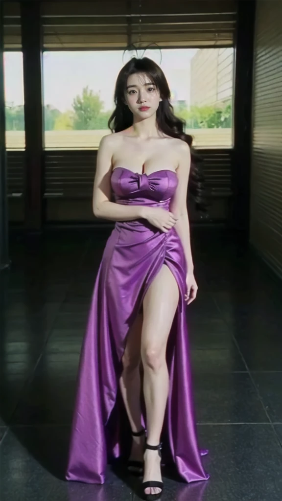 A mature and beautiful young woman unparalleled in Korea,Height 165cm,long leges,full lenght shot,Smiling,Medium-sized breasts,Expose the neck,Off-the-shoulder purple evening dress,natta,Gorgeous venue,standing on your feet,show legs,The abdomen is slightly larger,The viewing angle is raised,Blurry neon lights,-45 degrees lateral