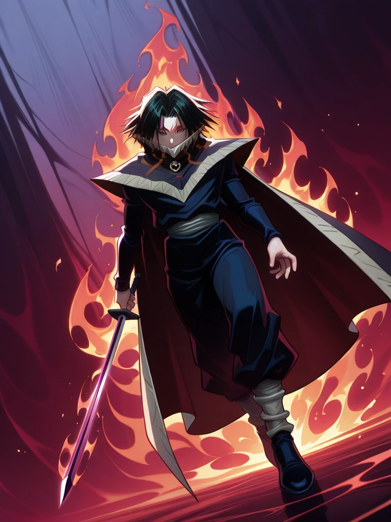 highres, hi res, best quality, masterpiece, intricate details, absurdres, 4k, semi realistic, cartoon,
1boy, Feitan Portor (Hunter x Hunter), dark and menacing aura surrounding him, fiery Nen energy forming a sinister glow, looking at viewer, dynamic pose, battle-ready stance, medium full shot emphasizing his cloak and sword, multicolored background, dutch angle,
MarvelRivals