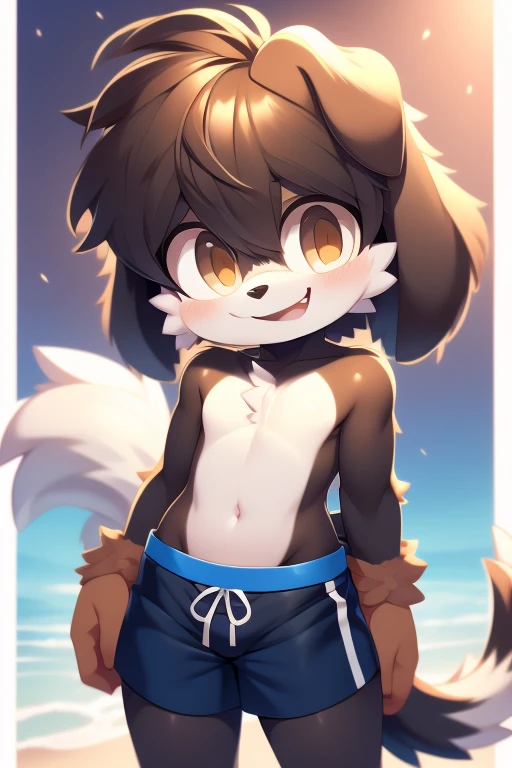 Furry shota, wolf, black hair, long spiky ponytail, blue eyes, detailed body fur, ((goggles, blue hawaiian shirt, open clothes, canine penis)), looking at you, fangs, clear grey body fur, detailed face, big eyebrows, detailed eyes, detailed body, detailed body fur, detailed hands, glistering body, shiny body, skinny, solo, low angle, straddle view, penis focus, animal penis,
