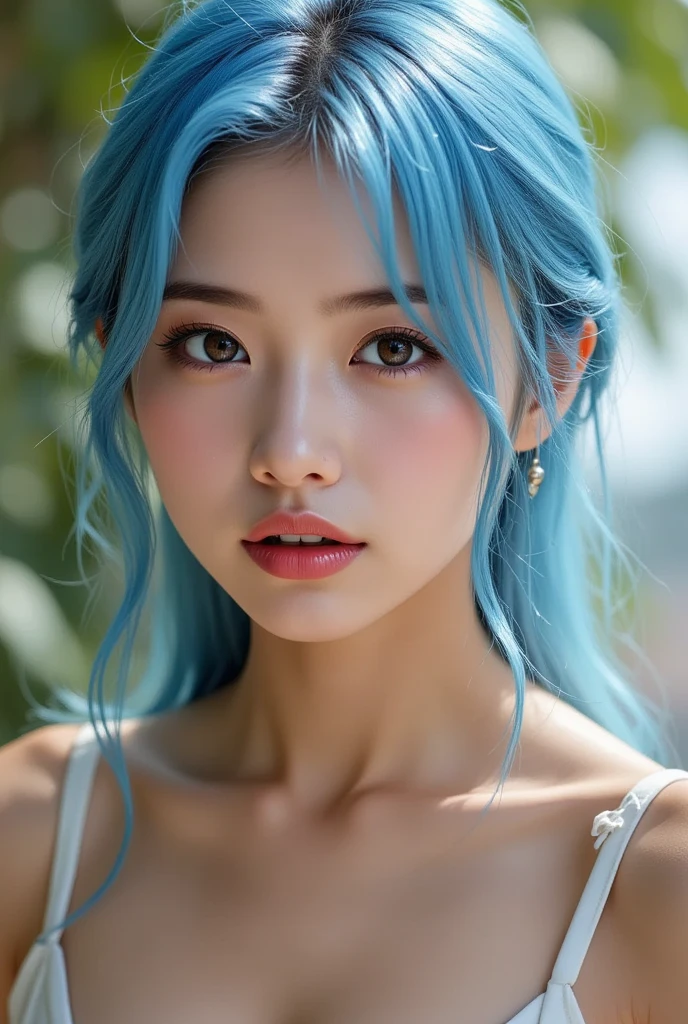 (Highest quality, 32k, High resolution, Masterpiece:1.5, ), marimo_jet, god々A photograph with brilliant dazzling and healing power., Evoking a sense of calm and elusive beauty, Expressing emotions, Have a rich imagination, The road to the horizon, Nostalgic scenery of youth, Beautiful Japanese Girls, ((Low - Angle:1.4)), An exceptionally beautiful face, Small Face Beauty, Perfect Human Anatomy, Magical big eyes, Motherhood and generosity, Deep Love, fleeting smile, ((Shiny light blue hair:1.4)), Super long straight silk hair swaying in the wind, Asymmetrical bangs, Hair between the eyes, Transparent, soft white skin, Sharp eyebrows, Thin lashes, Natural Makeup, Cheek highlighter, Lips with fine detail, (Pastel floral bikini:1.4), High resolutionの完璧な鎖骨, High resolutionの美しい胸元, Slim figure with ample breasts, High resolutionの美しい太もも, ((Beautiful detailed sky background:1.2)), ((Shining in the morning sunlight)), Professional photographer, Professional Lighting, Professional models, god秘的