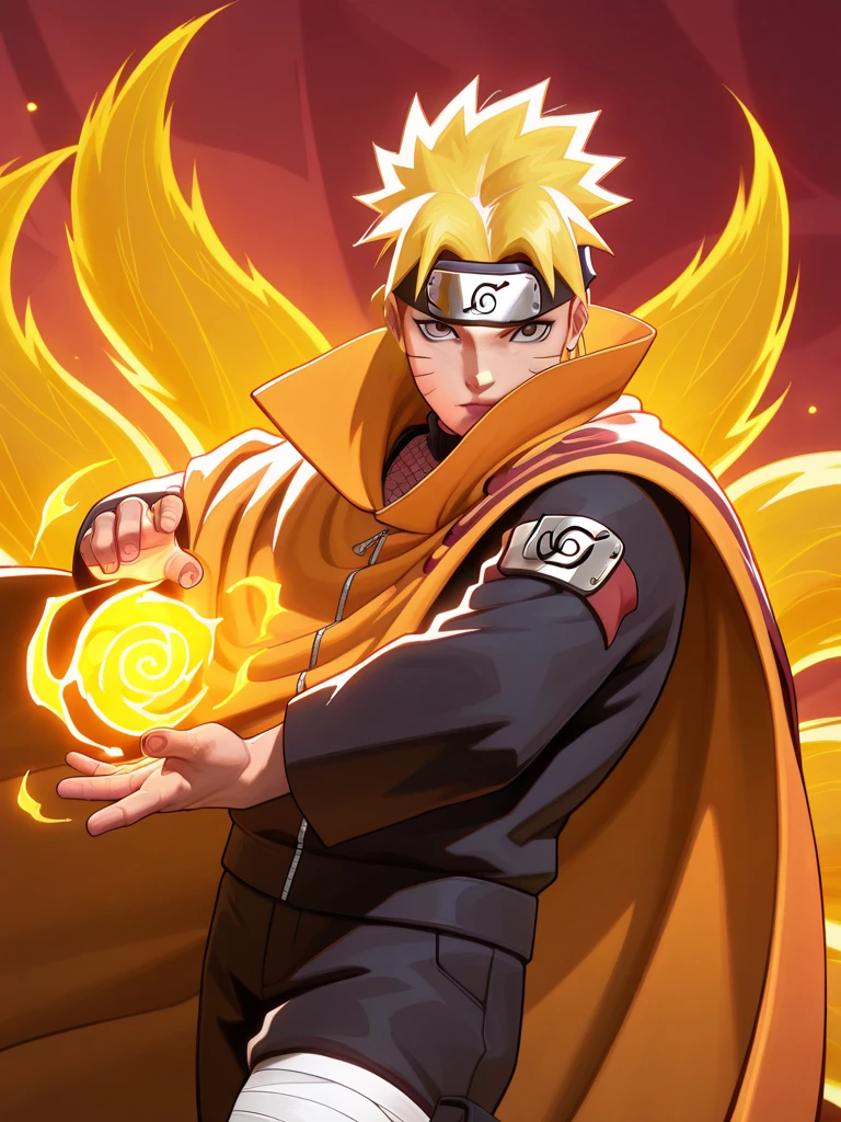 highres, hi res, best quality, masterpiece, intricate details, absurdres, 4k, semi realistic, cartoon,
1boy, Naruto Uzumaki (Naruto), golden chakra cloak flowing around him, intense red and black eyes, Nine-Tails energy manifesting behind him, looking at viewer, dynamic pose, fighting stance, mid-range shot emphasizing his Rasengan, multicolored background, dutch angle,
MarvelRivals