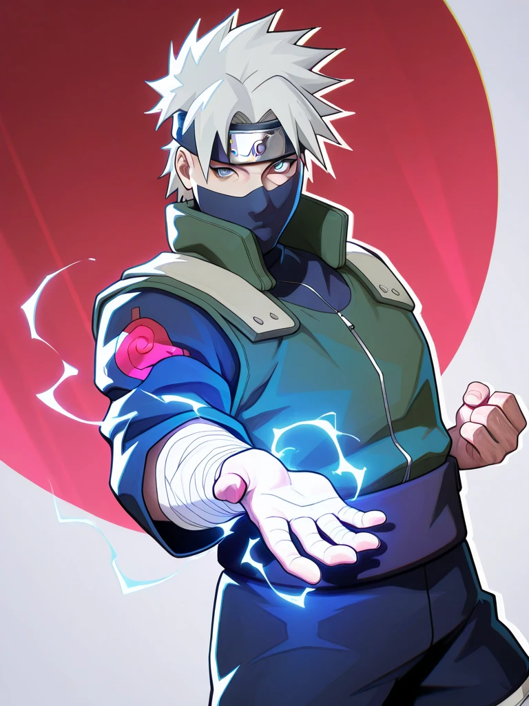 highres, hi res, best quality, masterpiece, intricate details, absurdres, 4k, semi realistic, cartoon,
1boy, Kakashi Hatake (Naruto), Sharingan covered by his headband, Mangekyō Sharingan active in one eye, blue Raikiri crackling in his hand, silver hair swaying with energy, looking at viewer, dynamic pose, fighting stance, mid-range shot emphasizing his jutsu, multicolored background, dutch angle,
MarvelRivals