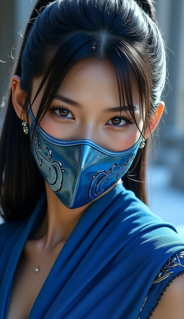Rose-patterned masks are elaborately depicted,Delicate skin,Blue charming eyes,watered eyes,Delicate blonde high ponytail girl,elvish ears,Soft light and shadow,best quality wallpaper,ultra HD picture quality。