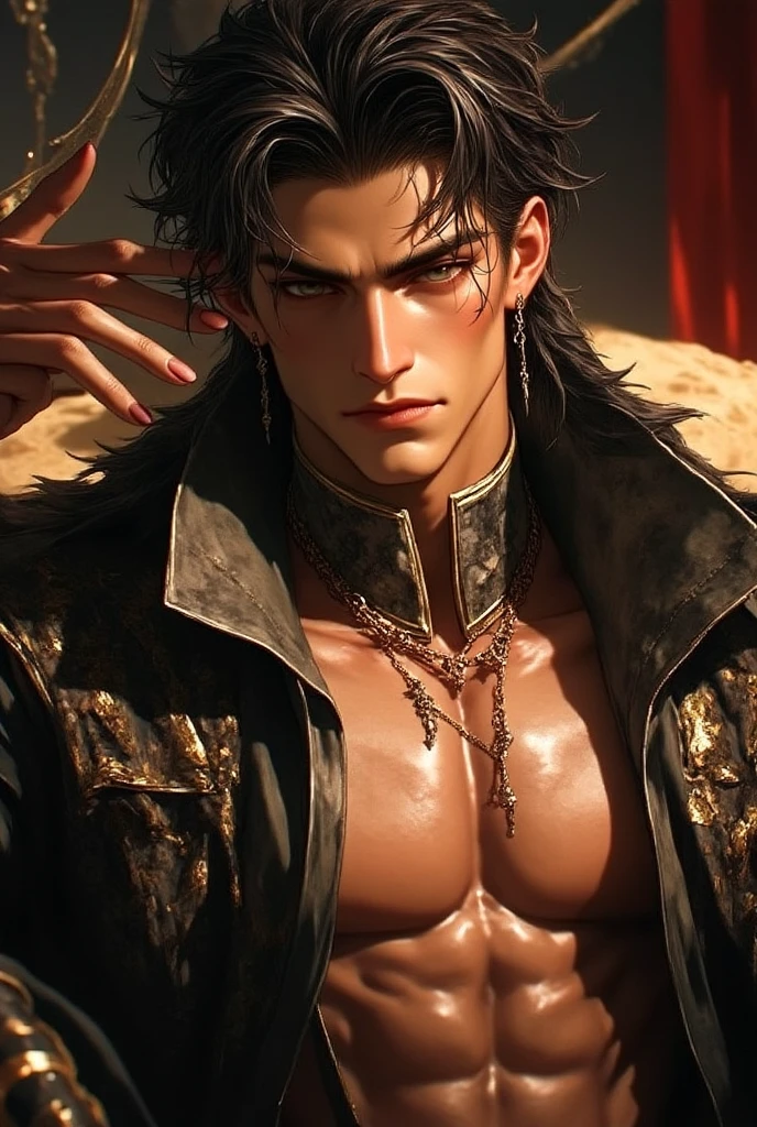 adventurer man, square jaw, goatee, dark hair, muscled torso, sinister grin at me, fantasy forest setting