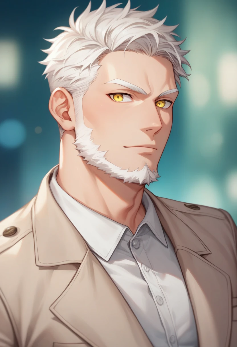 Masterpiece, best quality, high quality, highest quality, extremely detailed, 1man, one man, solo, adult man, grown man, beige coat over plain white shirt, short hair, white hair, beard, sideburns, blurry background, plain background, yellow eyes, perfect eyes, male focus, fit man, neutral expression