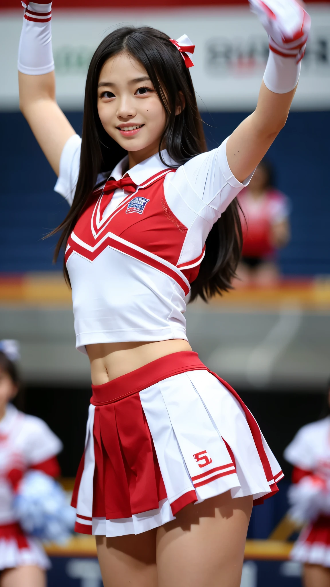 "((Highest quality)), ((masterpiece)), (detailed), Perfect Face, masterpiece, Best Quality, Illustration, Ultra-detailed, finely detail, high resolution, 8K Wallpaper, Perfect dynamic composition, Beautiful detailed eyes. A young woman with semi-long black hair is wearing a cheerleader costume. She is standing in a stadium with a large crowd and bright lights. She is posing with one hand on her hip and the other holding pom-poms high in the air. The camera angle is from a low angle, using a wide focal length to capture her full figure and the expansive stadium."
