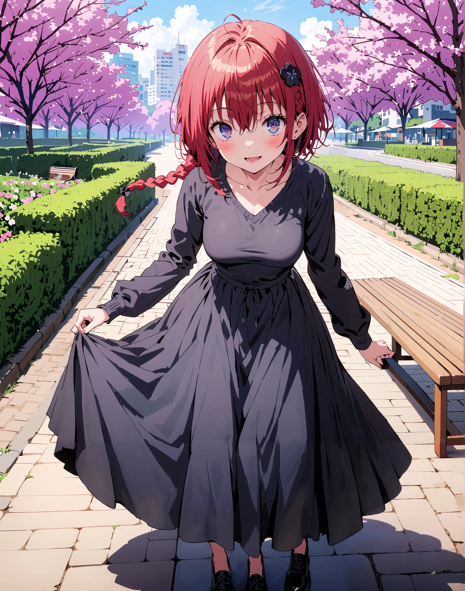 Kurosaki's thing , Alone,stupid hair, Blue Eyes, knitting glasses, hair intake, sngle braid,HAIR ACCESSORY, red hair, hair knitting glasses, smile,blush,open your mouth,Medium breast, oversized v neck sweater long sleeve,long skirt, Bbo~, bench,Beautiful cityscape,cherry blossoms,standing,full bodyがイラストに入るように,                               
 break outdoors,garden,
break looking at viewer,full body,
break (masterpiece:1.2),Best Quality , kampala, Unity 8K Wallpaper ,(shape:0.8),(  fine, beautiful eyes  :1.6),It's a person ,full body写真,CG Details , (perfect hands, complete anatomy),