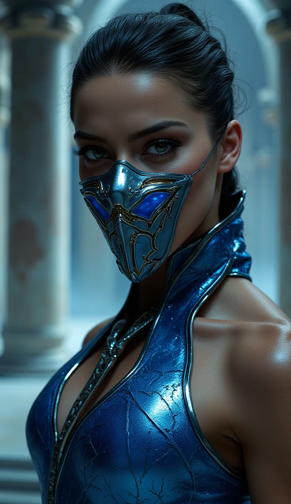 ((Kitana inspirada por Mortal Kombat 2)), (inspirada em Adeline Rudolph:1.2), in a fighting scenario with horror movie background, Auto retrato de rosto frontal, posing for camera, foco nítido, soft-lighting, melhor qualidade, 8k UHD, DSLR, grain of film, (fotorrealista:1.2)