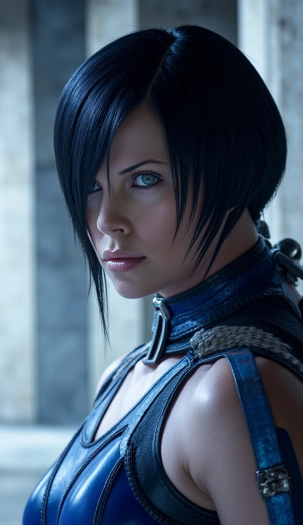 The badass cyberpunk dystopian 3098 apocalypse warrior, dystopian apocalypse ,mature woman, strong body, (red eyes), dark blue hair,((beautiful hard breast)), battle scar's, neon shadows,, dark horror gloomy weather, demons hunter,,(Solo leveling),,,tattoos,(massive perfect snoopy breast:1.0), massive perfect breast,,(muscular body:0.7), undercut hairstyles,,shot hair, (naked breast), (realistic skin texture:1.2),4k, (cinematic photography:1.0),,(head and breast closeup)