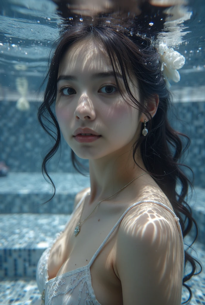 (highest quality, 8k, High resolution, masterpiece:1.2, unrealistic), beautiful japanese girl, 18-year-old, close up shot, Getting naked in the pool, (above the water level above the chest:1.3), Close your eyes comfortably., (Hair that shines like the starry sky:1.3), Super Long Straight Silk Hair, asymmetrical bangs, big magic eyes, 星空のようにキラキラ輝くHigh resolutionの瞳, smooth soft skin, High resolutionの完璧な鎖骨, High resolutionの美しい胸元, blue night, The water surface shines colorfully, illumination, colorful lights, sparkling light effect, professional lighting, professional photographer