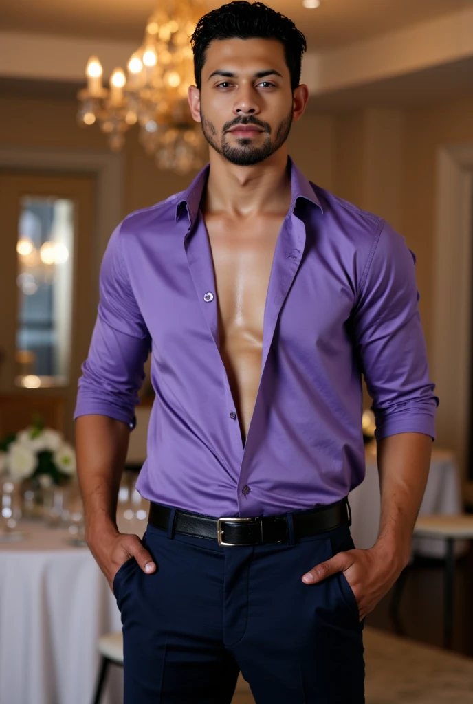 (absurdres, highres, ultra detailed, Ultra HD), ((tall handsome muscular man, solo, male model modern clothing, Full length portrait: 1.5, wearing colourful silk shirt and pants)), beautiful, gorgeous, wet, mature, perfect eyes, sexy gaze, (looking at the viewers romantically), perfect body, smooth skin, a hot glow in his skin, wide chest, largest breasts, extremely large pectorals, big nipples, breathtaking grandeur, model pose, colorful, artistic, focus on his calm facial features, elegant look, sexy posture, full body view,