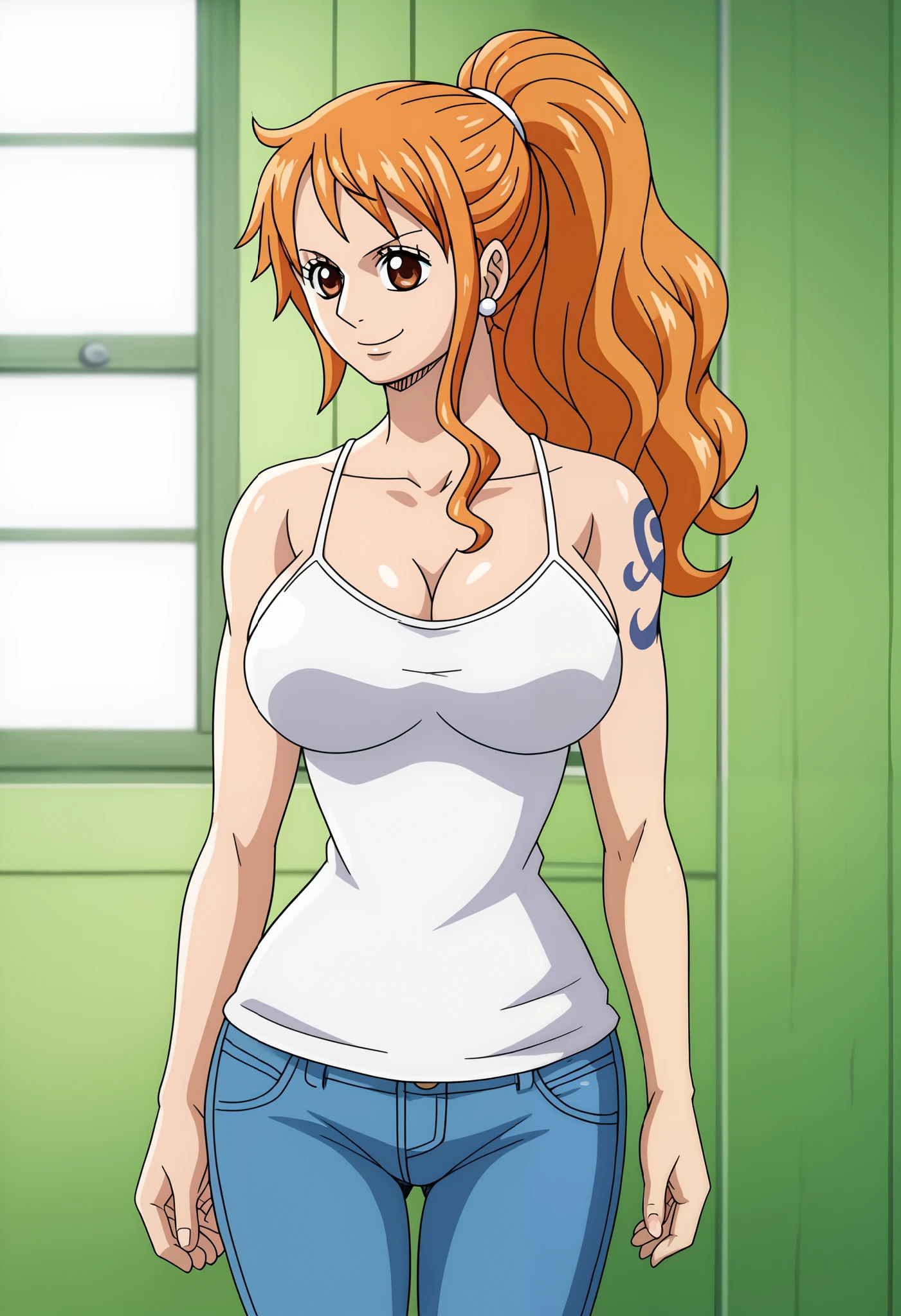 score_9_up, best quality, cowboy shot, anime_source, anime style, (SOLO:1.7), 1girl, Nami, orange hair, (white comesole:1.4), morning, (ponytail:1.7), (serious smile:1.3), (curvy body:0.7),), (slightly looking at the viewer:1.2) (Medium breasts:1.5), jeans, (tiny biceps:1.2), (watching wrestling match:1.5), looking forward, (slightly from right:0.6), (leaning back:1.5), (burning:1.6), (springy breasts:1.6), (wrestling match :1.4)
