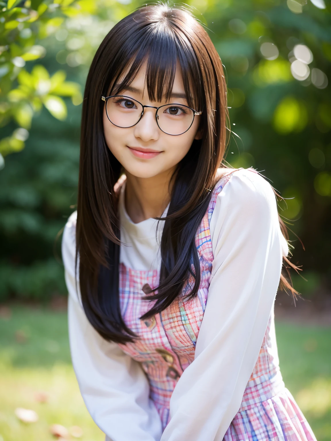 (Tabletop, Highest quality, Capture the cutest moment, Depth of written boundary, Ultra-detailed, Ultra-high resolution, c4d, Octadale, 3D Modeling, 8k, 16K, One Girl,, ,Black-haired,short hair,Straight Hair,Light brown eyes,White headband,Wearing black glasses,Cute face), apron,sitting on a park bench、Crossing your legs、Row of autumn leaves
