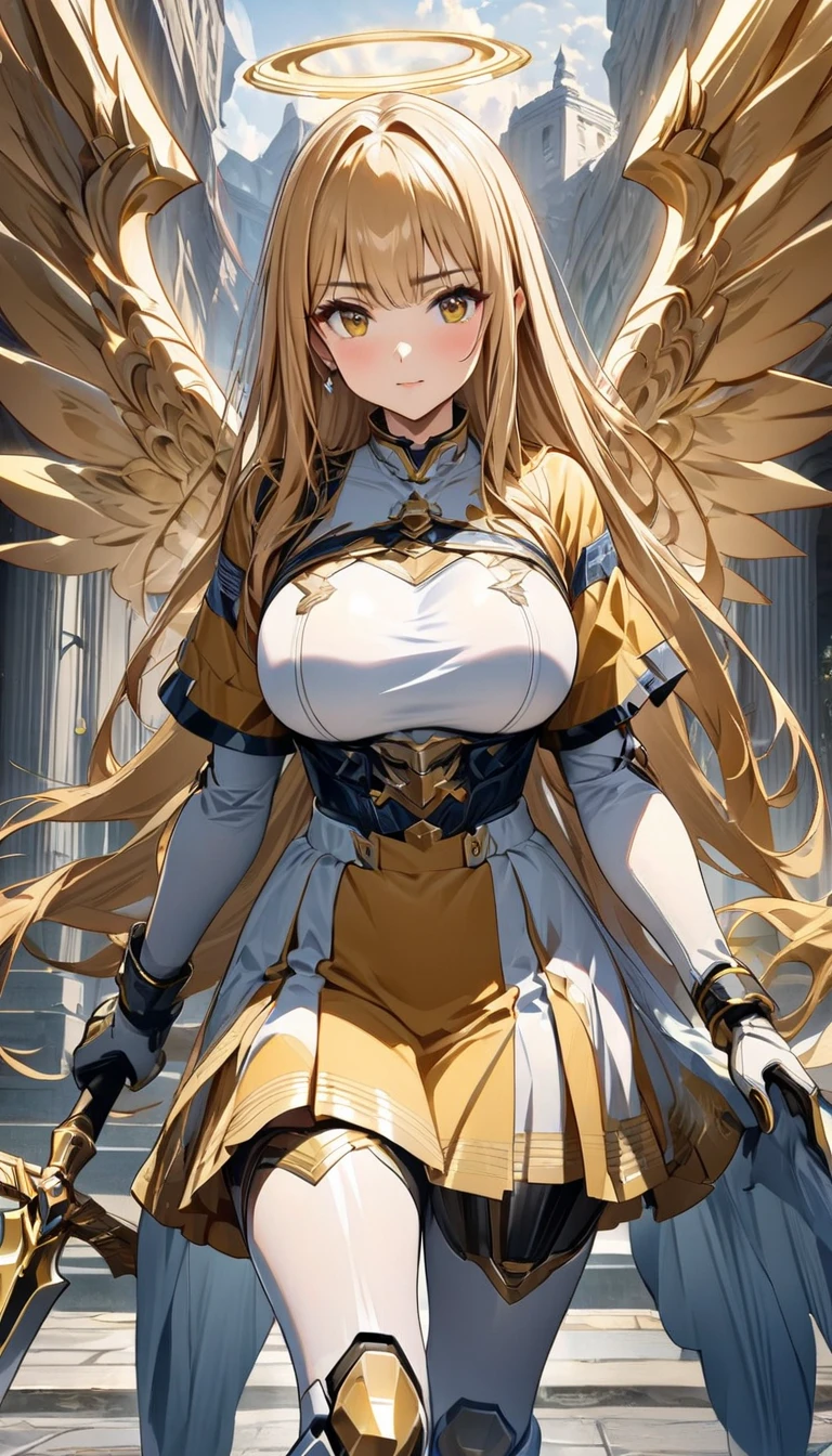 (((masterpiece))), (((best quality))), ((ultra-detailed)), (illustration), ((an extremely delicate and beautiful)), ((super detail)), ((high resolution)), (((20 years old))), metallic cloth, (cheerleader), (android), ((mechanical wings)), delicate metal decorations, gleaming skin, shiny body, two legs, breast focus, (((tall))), slender legs, ((big round eyes)), cute eyes, drooping eyes, ((adult)), two hands, five fingers, no extra hands, elegant smile, braid, medium length hair, ((metallic)), (see-through), (dark blonde), (ultra-huge breasts), (shining brightly), outdoor, mini skirt, city, daytime, ((biopunk)),