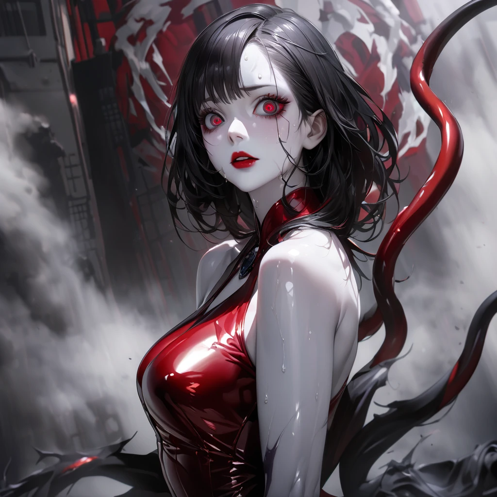 Axisymmetric composition:2, Sexy banshee，blood-red：2，White mucus：2，Sexual position:2, The art of HR Giger and Beksinski comes together in this detail, Grim,Sexy banshee full body close-up，Solo:2，female domination:1.5，Stick out her tongue:1.5，Bloodstained skeletons:1.5，Flowing saliva:1.5，Stabbing the eyeball:1.5，Bare brain:1.5，beauitful face，Sophisticated haute couture pink yoga pants，a large amount of mucus:1.5，Silk belt，Complex hairstyles，Huge chains:1.5， Psychedelic background，, surreal contrast, Eye-catching visuals, Artistic abstraction, Break the art of cutting, layered silhouette, complex patterns, exquisite craftsmanship, shadow play, Depth and size, creative expression, break art, Frozen sculpture, translucent forms, short-lived beauty, Crystal structure, exquisite craftsmanship, impressive, break green eye,body glow，Glowing lines，fluorescence,glow example，Example tracking，flash，，Dark horror scene. Sharp images, Use edge lights to render at 8K resolution, It shows a terrifying environment full of Lovecraft's tentacles，They twist and pulsate in neon lights. HDR lighting creates complex and detailed shadows on a distorted background, Mutant humanoid. Distorts the environmental structure due to glitch and distortion effects, Surreal and dreamlike elements，Such as a close-up of floating inverted structures and decaying flesh，Create a feeling of disturbing and disorientation. Religious and mystical symbols are scattered against an intricate backdrop，Add a touch of supernatural horror to this already insanely terrifying masterpiece。