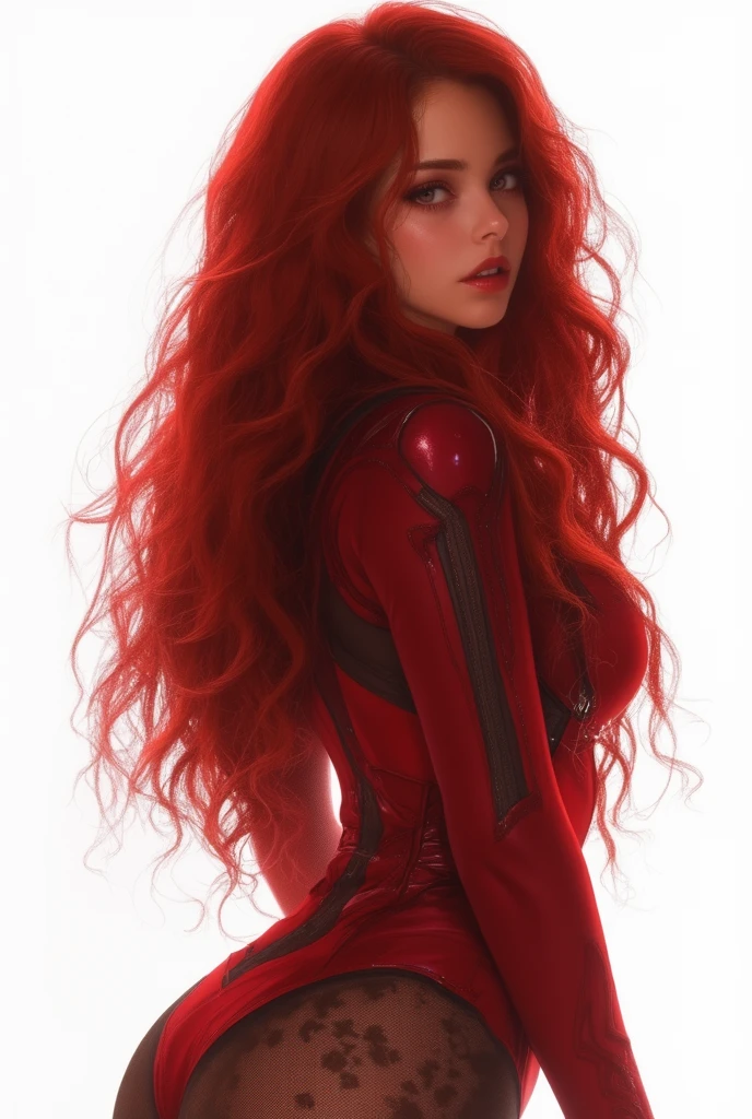 Beautiful woman with extremely long red abundant prehensile hair six feet long fuchsia jumpsuit gloves and knee-length black boots Marvel universe