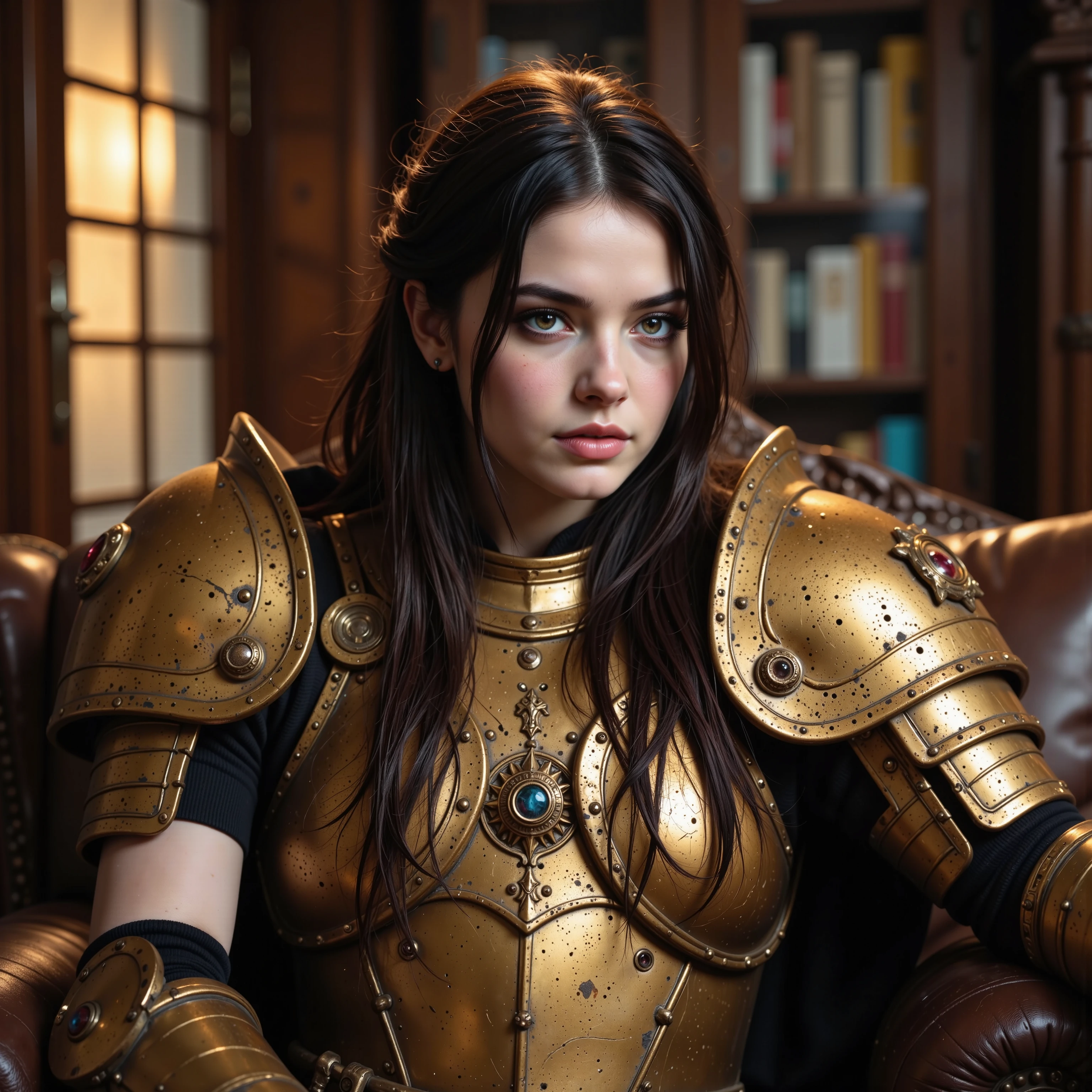 (Embedded: ) with a twinkle in the eye , wet and sticky scales , (( long hair)|(claws)), a face with frightened ((eyes)|(blue eyes)) and lips under the dark glow of the TV, Frightened surrounded by broken burning trees, (subtle)|(intense) smell of the room, golden armor