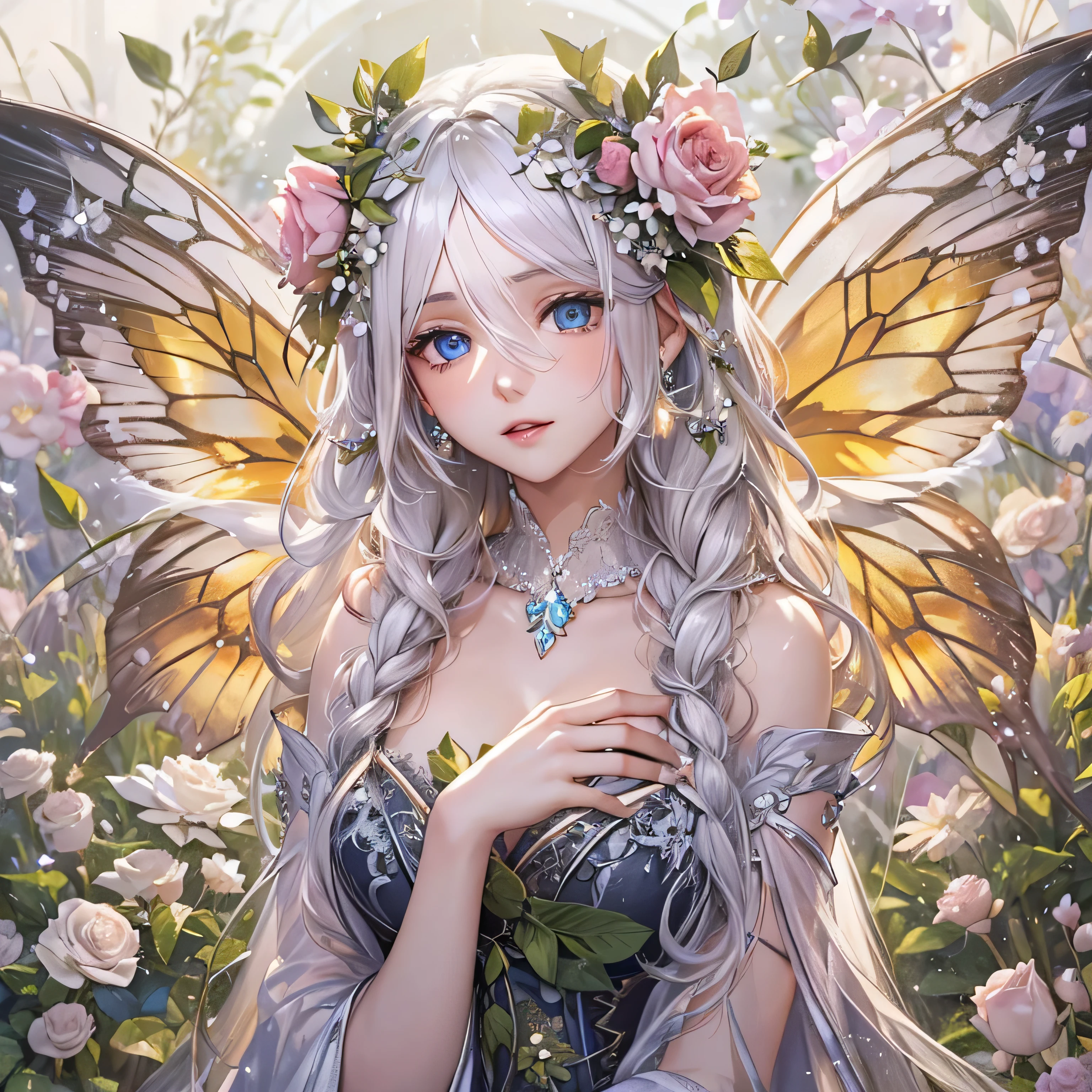 Flower fairy、Flowers々Surrounded by、About the size of a flower、About the size of a butterfly、Beautiful girl with transparent shiny beautiful wings on her back、Glowing scales fly on takeoff、Sit on a flower、highly detailed back ground，Realistic，ultra - detailed，Super detailed skin，light glow，filmgrain，Expro II，Lens flare，Sharpen，cinematic shadow