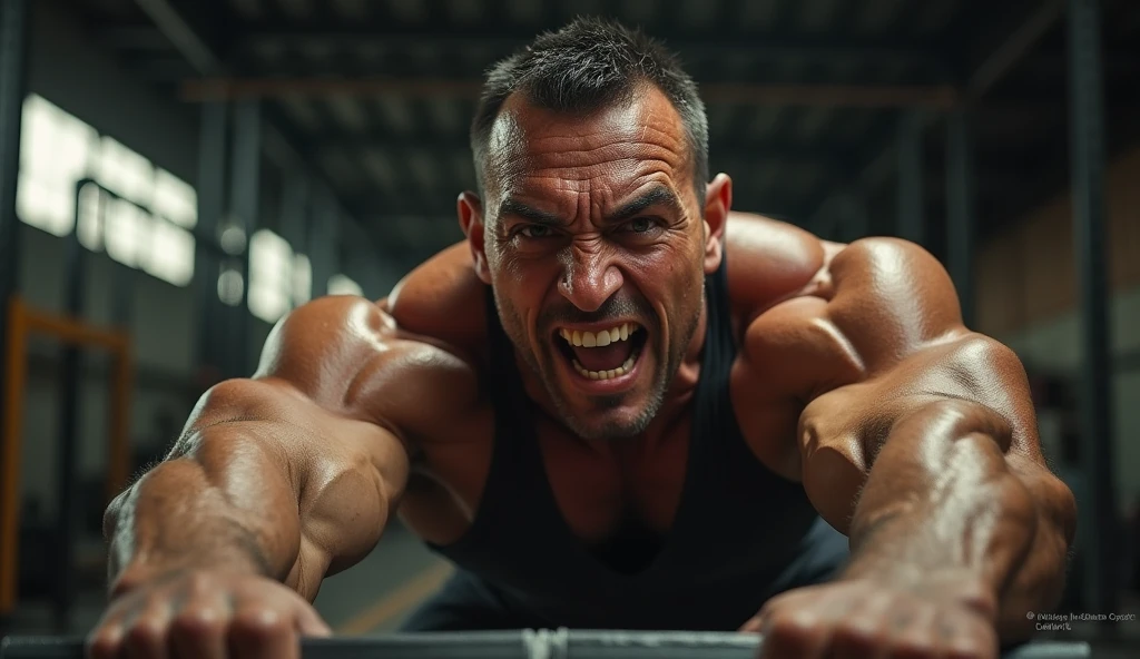40-year-old fit, hairy man forced to do push-ups until exhaustion with a clothed person sitting on his back, You can see the tiredness on his face,sweat drops and teeth pressed by the effort. It should be seen with the arms semi-flexed
