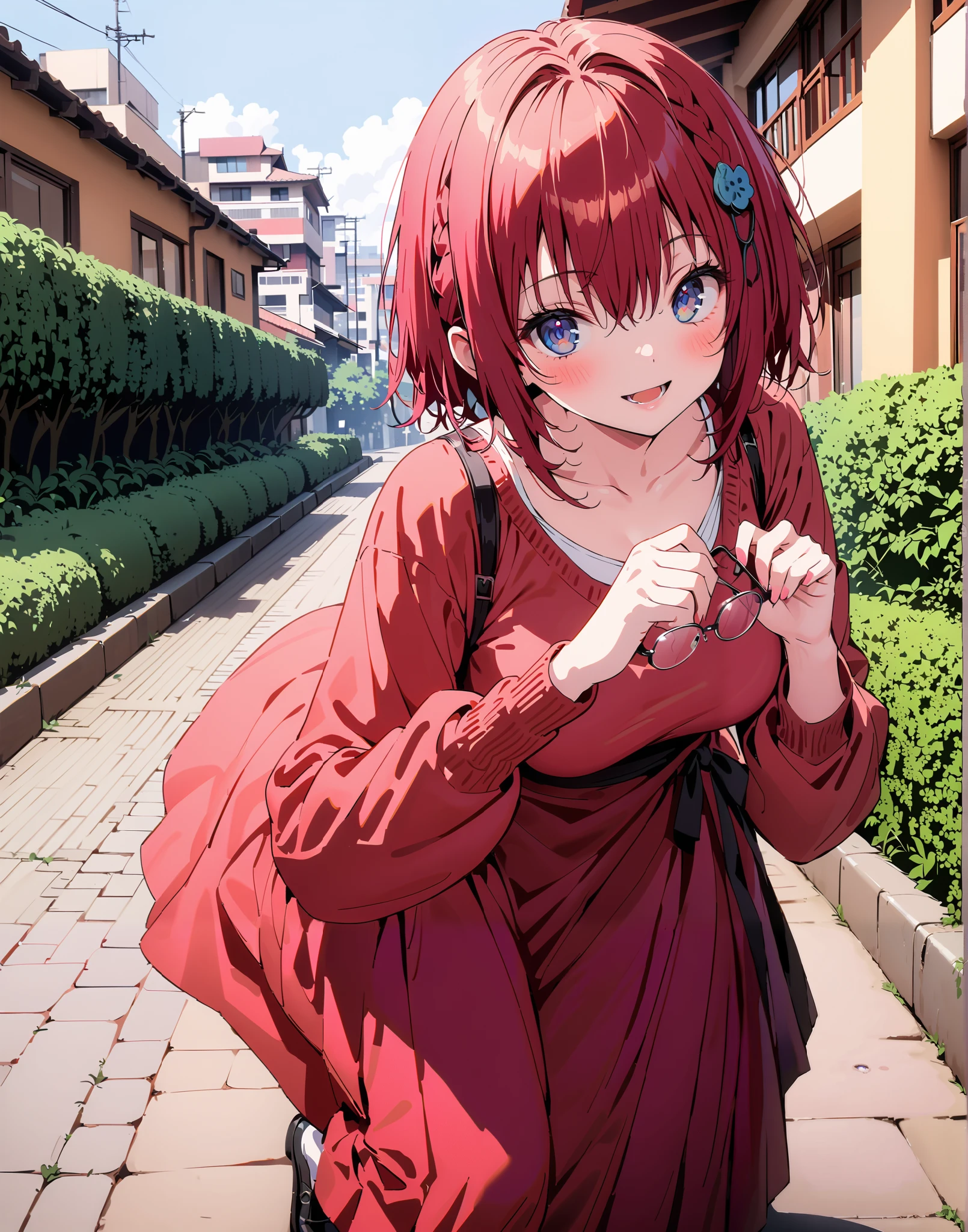 Kurosaki's thing , Alone,stupid hair, Blue Eyes, knitting glasses, hair intake, sngle braid,HAIR ACCESSORY, red hair, hair knitting glasses, smile,blush,open your mouth,Medium breast, oversized v neck sweater long sleeve,long skirt, Bbo~, bench,Beautiful cityscape,cherry blossoms,standing,full bodyがイラストに入るように,
break outdoors,garden,
break looking at viewer,full body,
break (masterpiece:1.2),Best Quality , kampala, Unity 8K Wallpaper ,(shape:0.8),( fine, beautiful eyes :1.6),It's a person ,full body写真,CG Details , (perfect hands, complete anatomy),