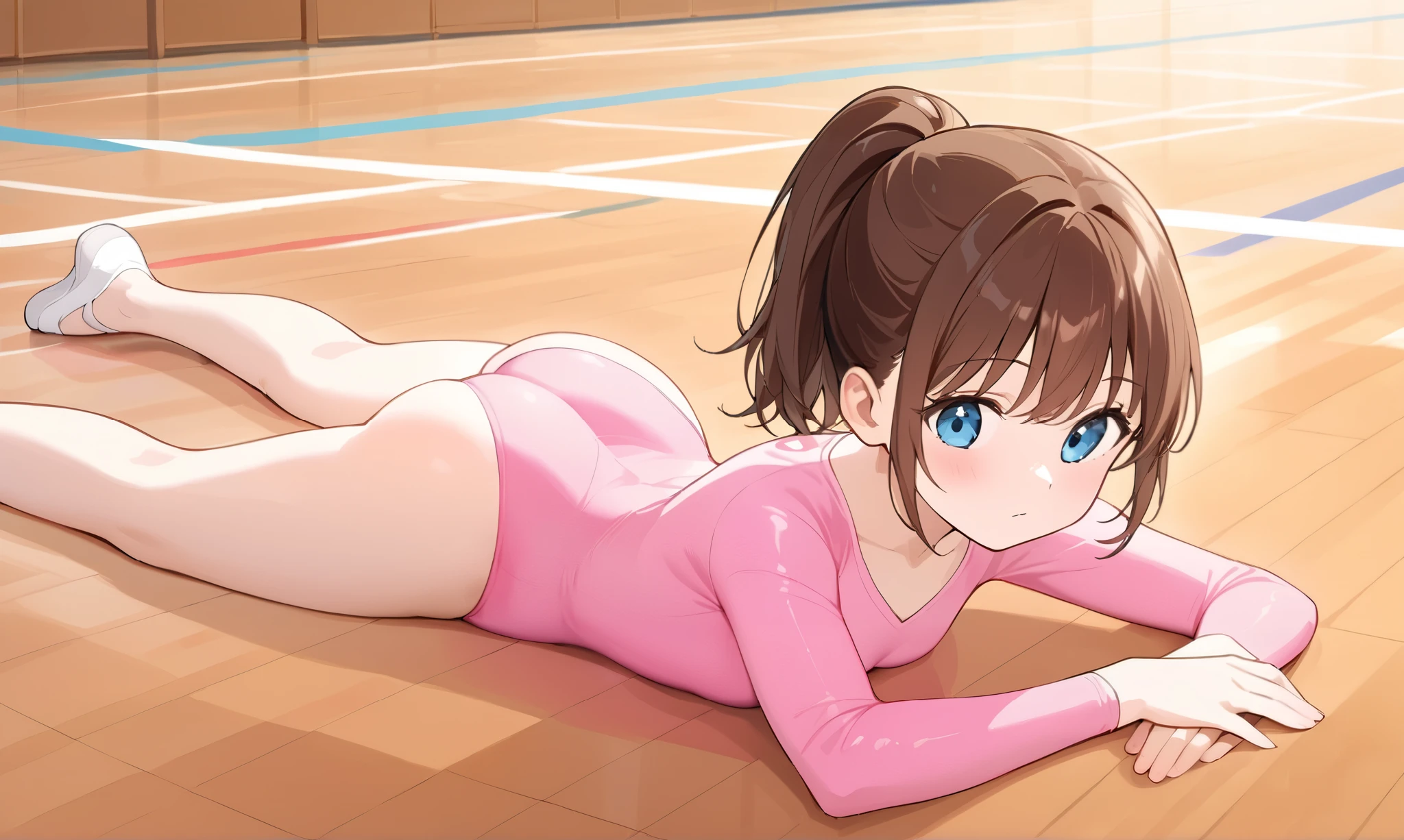 a drawing of the cute anime girl laying on her back in a pink suit, 1girl, solo, leotard, athletic leotard, blue eyes, brown hair, ponytail, pink leotard, ribbon, gymnastics, ass, lying, long hair