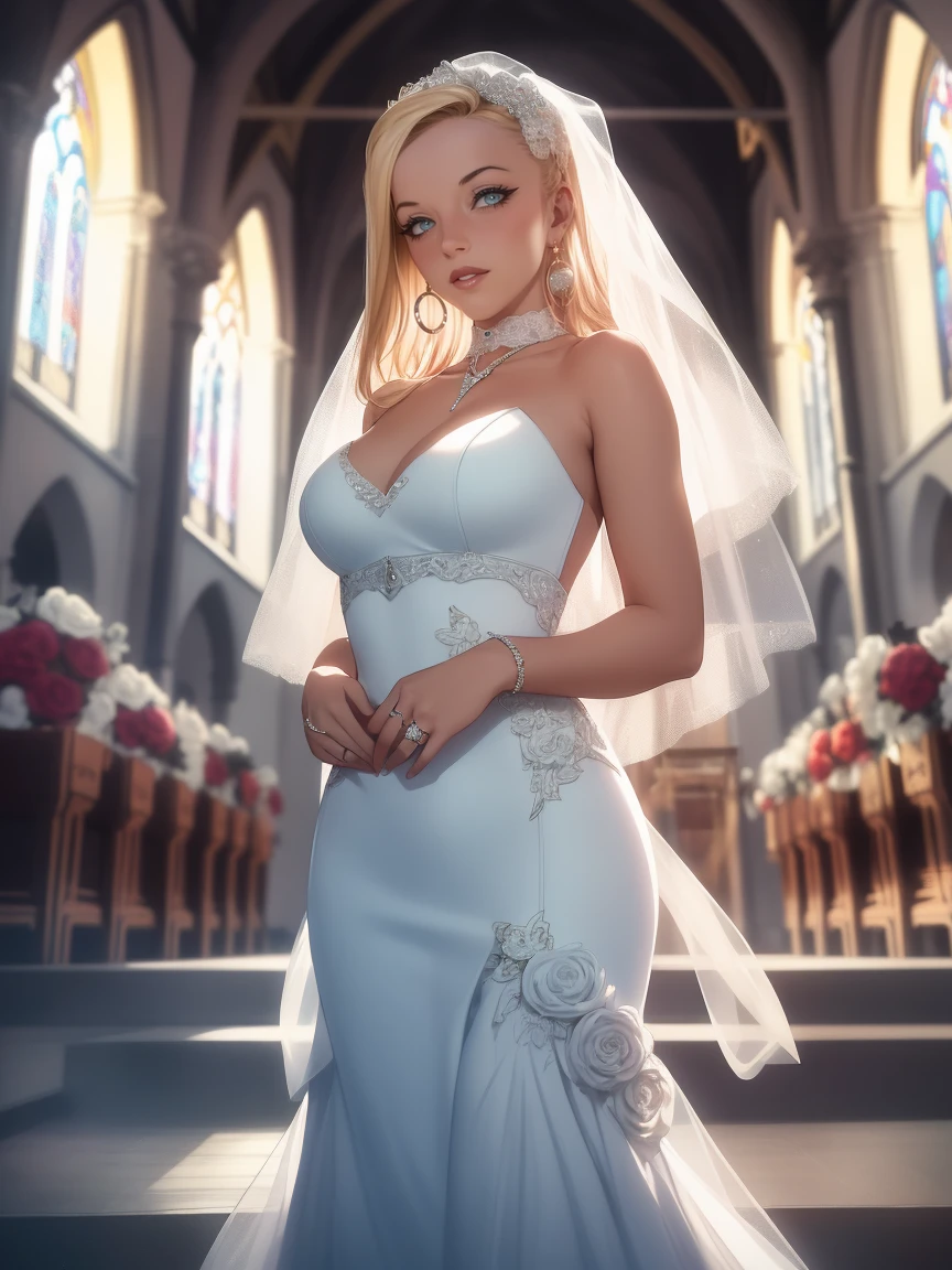 (masterpiece:1.3, top-quality, ultra high res, ultra detailed), (realistic, photorealistic:1.4), beautiful illustration, (natural side lighting, movie lighting), depth of fields,
looking at viewer, bust photo, 1 girl, 16 years old, perfect face, (perfect anatomy), cute and symmetrical face, baby face, shiny skin, slender
(long hair:1.8, straight hair:1.2, silver hair), hair over one eye, purple eyes, pink lips, long eye lasher, (large breasts:1.3), 
beautiful hair, beautiful face, beautiful detailed eyes, beautiful clavicle, beautiful body, beautiful chest, beautiful thigh, beautiful legs, beautiful fingers, 
detailed cloth texture, wedding princess dress, head flower, headdress, (bandeau wedding dress:1.5), (silk dress:1.2), (strapless wedding dress:1.5), 
plain white dress, necklace, earring, cleavage, bouquet, (lace gloves:1.2), (bridal veil:1.2), (short transparent veil:1.2), 
(beautiful scenery), evening, crystal clear sunlight, (church, stained glass) walking, (happy smile, blush), 