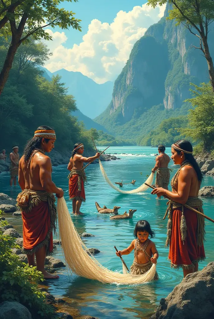 (((Image of an Indian and an Indian fishing))) India and India without blouse and shirtless, India skirt made of feathers, Indigenous woman's dress made of feathers, Typical costumes of indigenous Brazilians, colorful children's book illustration, heaven, nuvens, sharped image, ::n_Ondas na praia, ::n_Barbas, ::n_Bigodes