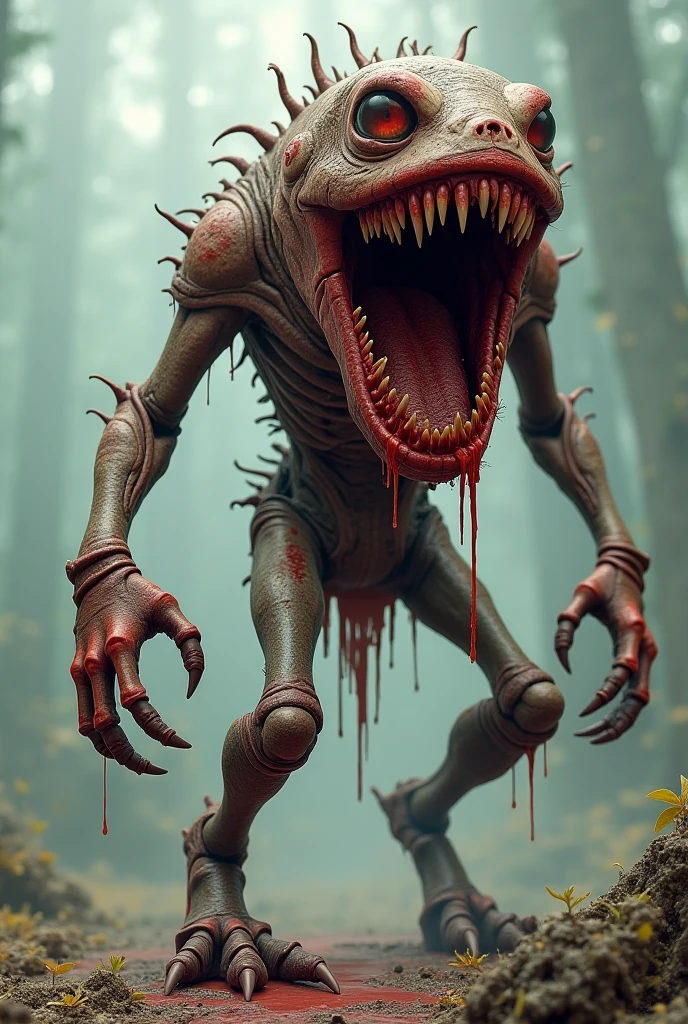 The monster resulting from death in a high-speed car accident would have a terrifying and distorted appearance, reflecting the brutal impact of his death.

**General appearance:**  
The creature has a humanoid shape, but its proportions are completely deformed due to the force of the impact. His limbs are twisted unnaturally, as if the bones had broken and reconfigured in a grotesque way. The skin is torn and crushed in several areas, displaying a burnt and skinned appearance, with friction marks, as if it had been dragged across the asphalt.

**head:**  
The monster&#39;s head is partially crushed and elongated, with a flatter side, as if it had been pressed against a hard object. One of the eyes is out of the socket, hanging by a nerve, while the other is bloodshot and filled with a glazed, insane gaze. The mouth is stretched in an eternal scream of pain, with broken and disorganized teeth.

**torso:**  
The chest is flattened and shattered, with visible and twisted ribs, some piercing the skin. The spine is visibly displaced, and pieces of metal and glass are embedded in the flesh, still bleeding supernaturally, with small drops of dark, viscous blood.

**members:**  
The monster&#39;s arms and legs are elongated and disproportionate., with joints turned in the wrong directions, as if it had been projected out of the car. One of the hands is partially destroyed, with crushed fingers, while the other hand has a rigid grip, as if holding something at the moment of impact. The feet look twisted, with exposed and visible bones.

**Additional Detail:**  
The creature exudes a smell of gasoline and burnt metal., and your skin emits a ghostly greenish glow, reflecting the headlights of a car. There may be windshield fragments embedded in your flesh, that sparkle as they move. The monster makes sounds of tires screeching and metal being twisted, mixed 