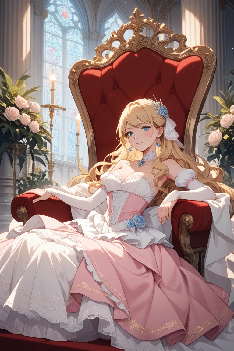source_anime, score_9, score_8_up, BREAK 1girl, (+_+:1.4), portait, dress, castle