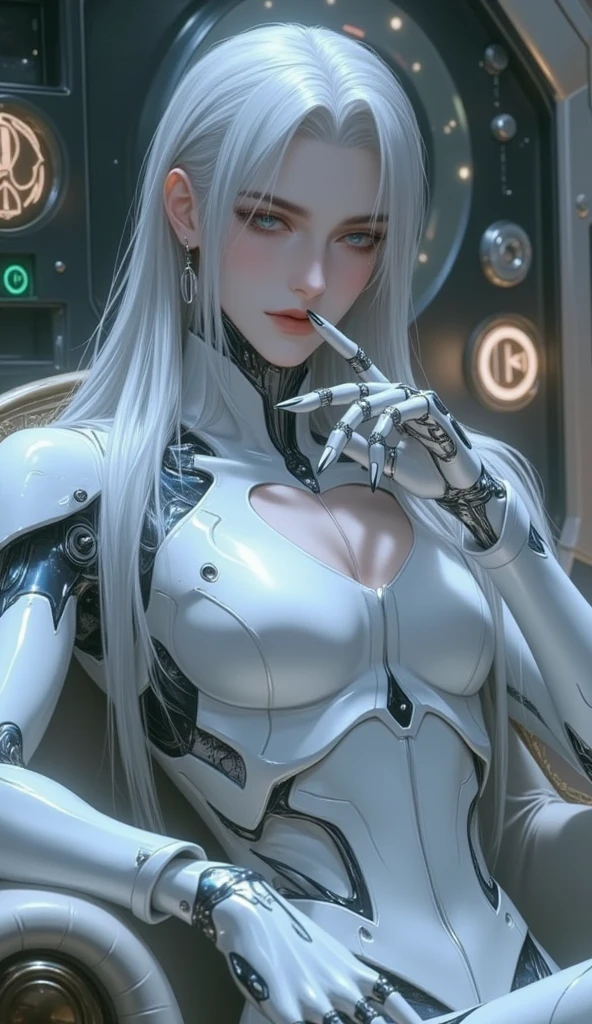 Realism, a woman in white lace (lace, full robot suit: 1.55) (sitting table: 1.5) (body turn to viewer: 1.2), (head to left: 1.8), (cross legs: 1.4), gray hair, cyborg, robot parts, beautiful and detailed body and face, sakimichan hdri, amouranth, beautiful and detailed orixa, 2049, chiaki nanami, african futuristic, made in maya, sam yang, 2070, cyborg, robot part, 150mm, beautiful studio soft light, edge light, vibrant details, luxurious cyberpunk, lace, surrealism, anatomy, facial muscles, cable wire, microchip, elegant, beautiful background, octane rendering, 8k, best quality, masterpiece, illustration, very refined and beautiful, very detailed, CG, unified, wallpaper, (realistic, Realism: 1.37), stunning, fine details, masterpiece, best quality, official art, very detailed CG unified 8k wallpaper, ridiculous, incredibly ridiculous, robot, silver helmet, (full body: 1.4), sitting, (nsfw: 1.2),