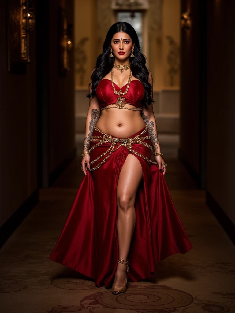 perfect face (8 years old) in saree wlop perfect body exposed midriff highleg loli flat chest curvy indian armpits bellydancer 8k chubby high res knees ankles , royal skimpy underwear, cleavage (oily skin:1.4) depth of field (chubby:1.2) bokeh, small breast (best quality), (masterpiece) (high heels) (full body shot:1.7) red theme (outdoors:1.5)