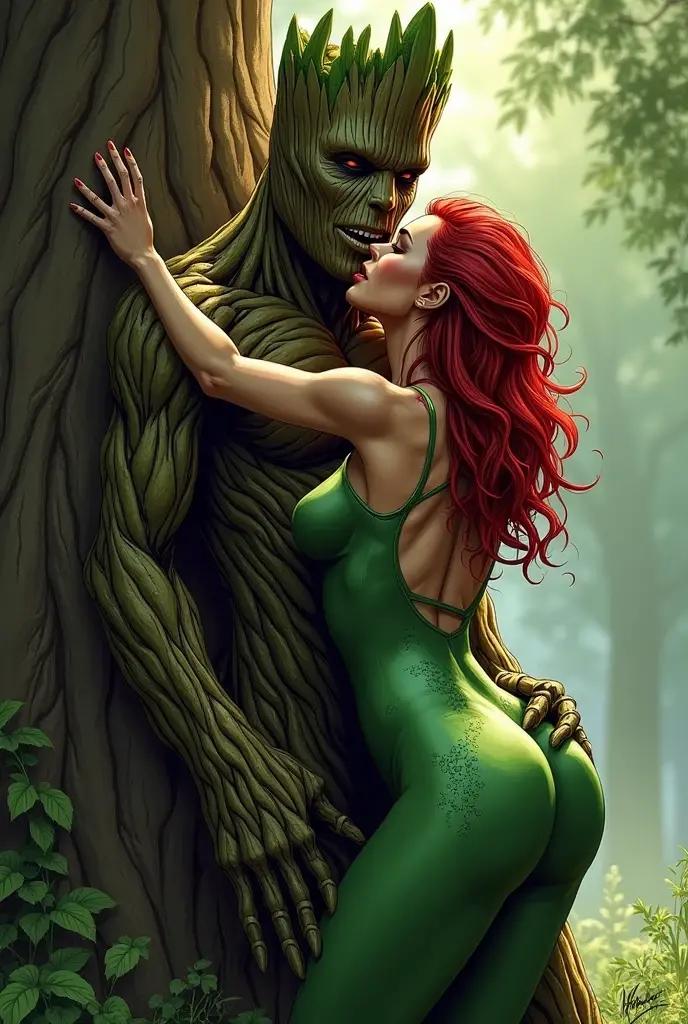 Arbomorph A hug of woman and man turns into a leafy tree, with roots as legs, branches like arms, some leaves fly on a white background,l