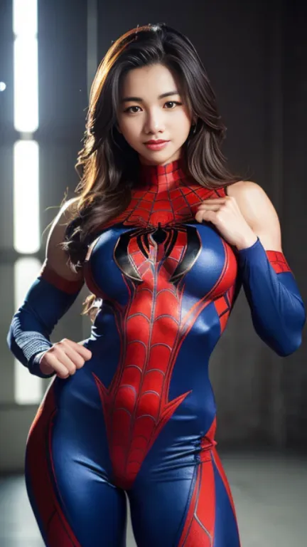 Gentle and charming Chinese beauty, star, Yang Mi,full body photo, delicate and sexy body, charming oval face, double eyelids, smart peach eyes, pink lips, small nose, ((big breasts)), focused face, face close-up, ultra HD, ultra detailed, elegant standing posture, ((tight Spider-Man suit:1.2)), ((The Spider-Man costume:1.2)),((Show one's face:1.5)),((Spider-man's signature move)),