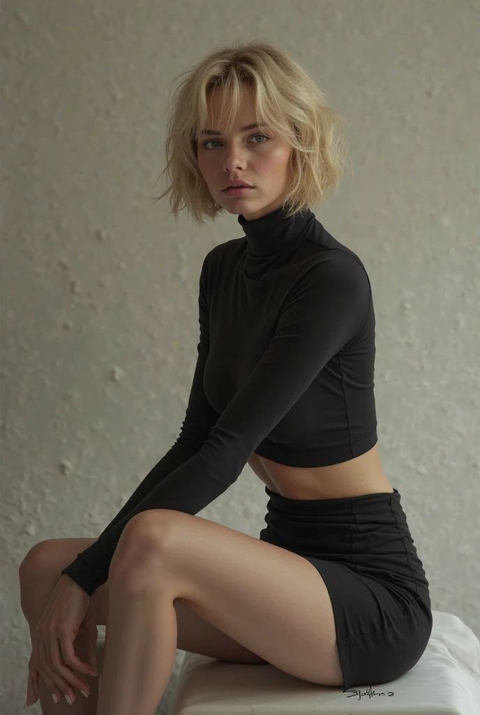Ultra Photorealistic, Cinematic Lighting, ultra detailed skin, skin pores, finely detailed features:1):0.9, Very attractive, 23 year old Blonde women, Blunt Cut Hair Style, Wearing Catholic Black Nun Costume, Athletic Body, Slim Waist, Wide Hips, Red Lipstick, Sitting on Knees, Seductive Expressions