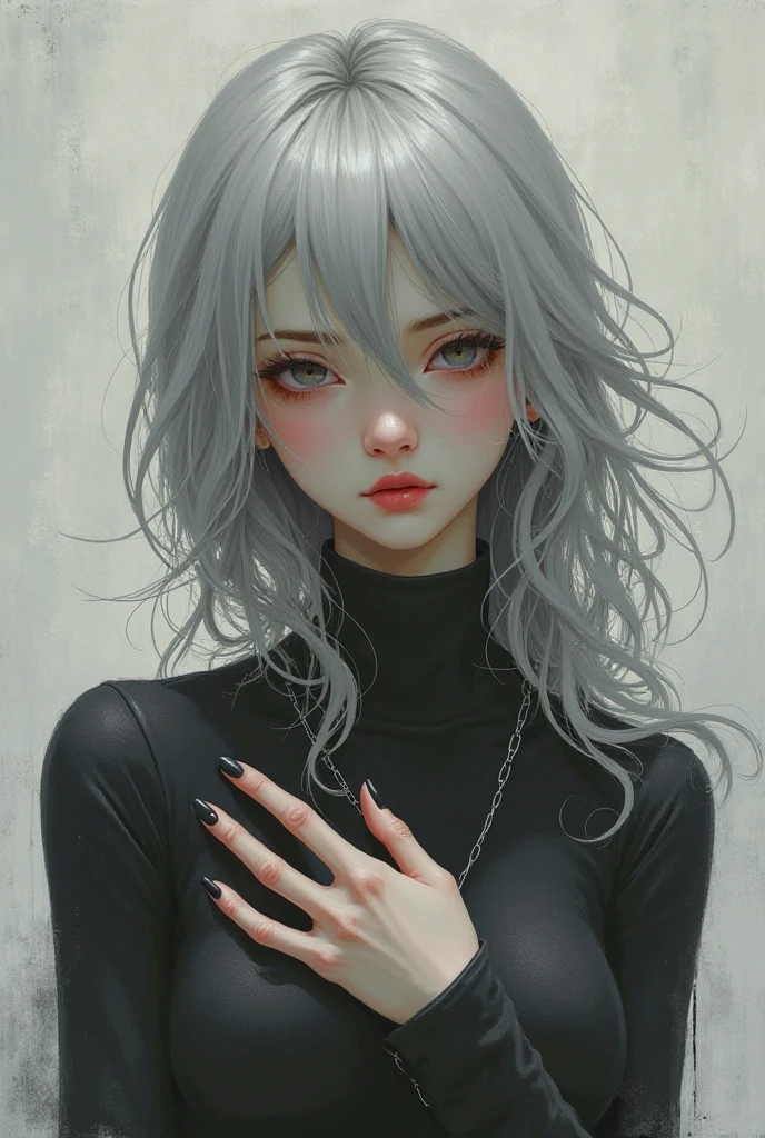 woman, white hair, messy hair, bedhead, black tshirt, goth, skull print, goth, goth makeup, goth bedroom, bedroom, hairpin