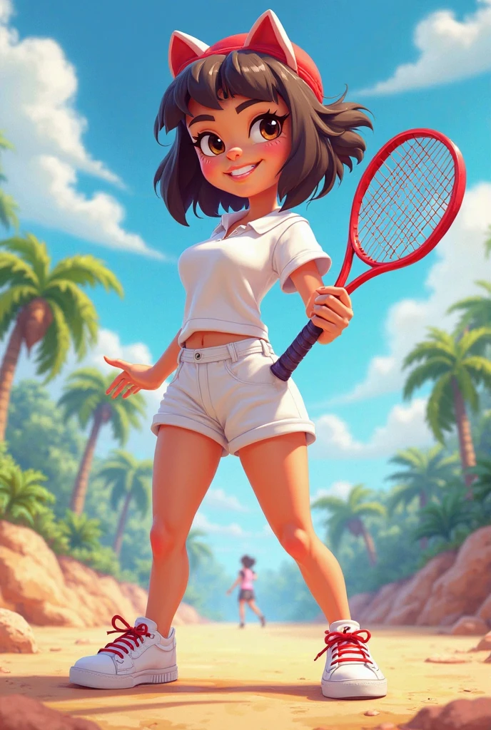 Teenage Dora play tennis with boots