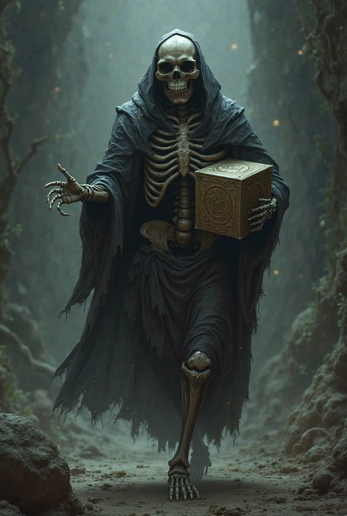 Skull carrying box under the arm and pointing forward. The image must be at an angle of 45 degrees from the front