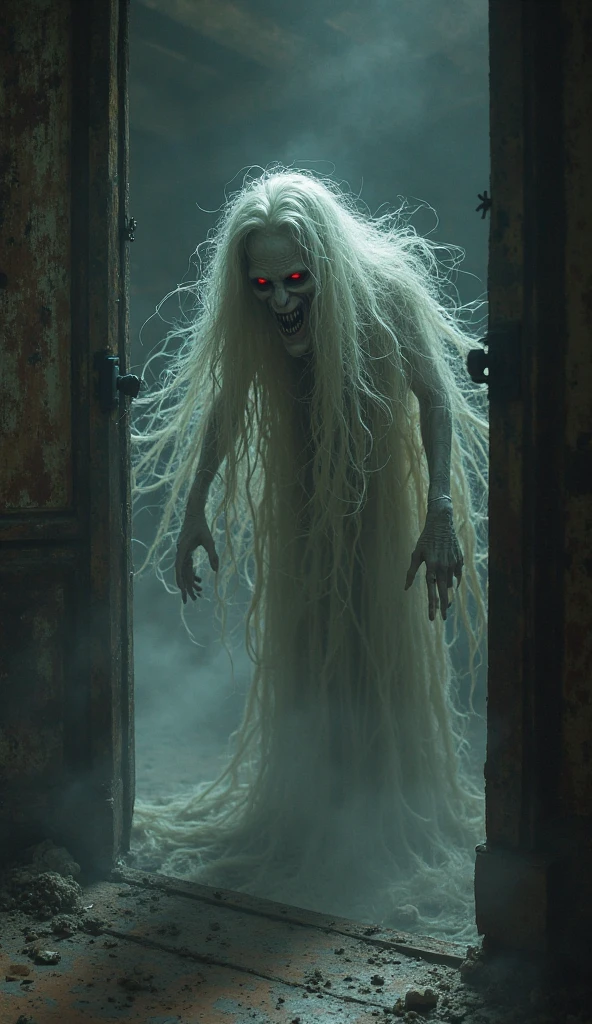 a female ghost with a long tongue and horns was crawling on the roof of the house, realistic, 4k, cinematic, best quality