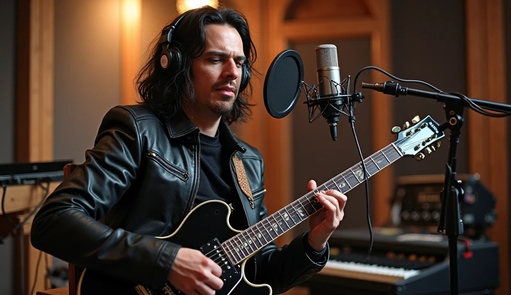 Rock guitarist with black electric guitar. Age 35 years. Black long hair, , a slight unshaven, black leather jacket. He's sitting in a recording studio wearing studio headphones in front of a studio microphone. full body image.