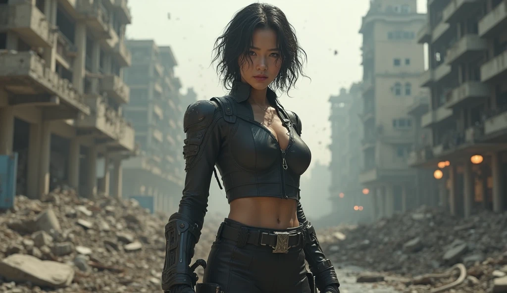 in a post apocalyptic world, a warrior woman is ready for battle. She wears short, tight clothes, Made of a strong and flexible material, allowing maximum mobility. The outfit is black with metallic details, revealing your athletic and defined body. On your back, she carries a big sword, while several firearms and knives are strategically placed around his body, including a leg holster for a pistol and a tactical belt packed with ammunition and grenades. Your look is determined, and your eyes shine with a fierce intensity. Ao fundo, the desolate landscape of a city in ruins completes the scene.