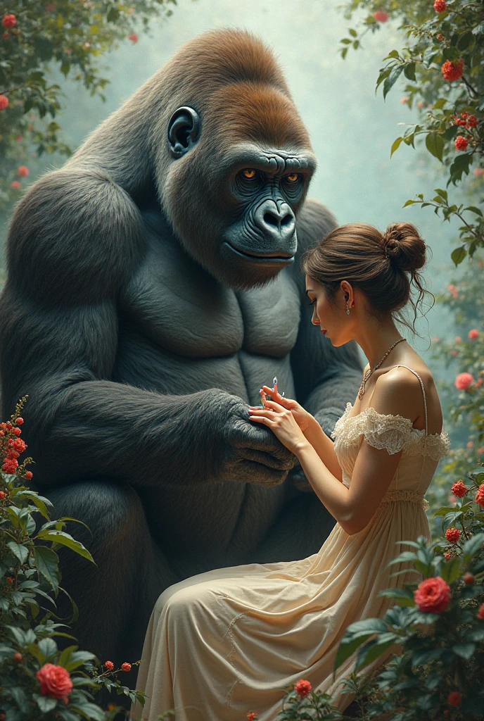 I want to create a woman manicuring a gorilla