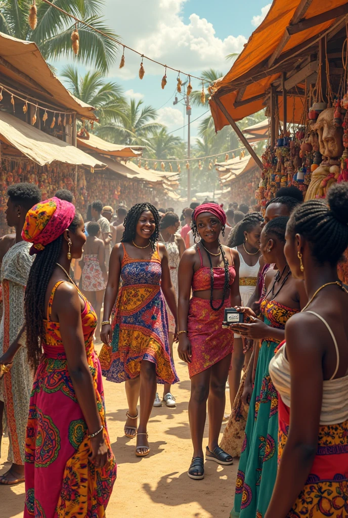 A beautiful young African girl of 18, Amara, and a young man, Kofi, sharing a tender moment in a vibrant village setting, with warm smiles and a backdrop of colorful market stalls, in 16:9 dimension.