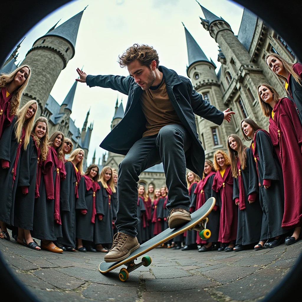 Create a sticker with white borders of a scene from the movie Harry Potter where 2 characters, young boy and older girl, both in Gryffindor uniforms, in the background the Hogwarts castle in high resolution with blurred background, movie image and hyper-realism.