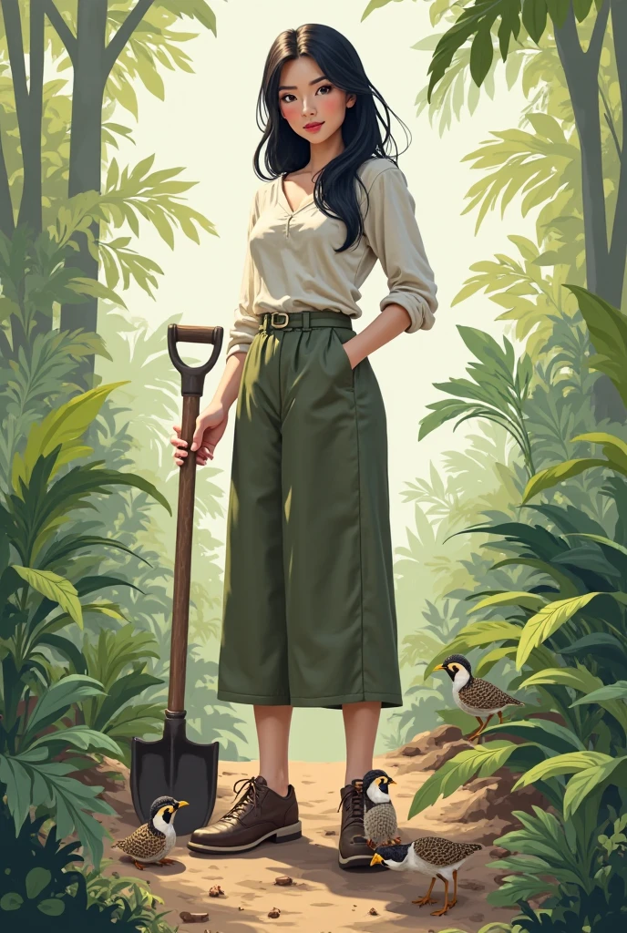 Modern white woman, black hair, shovel in hand, Quails on the ground